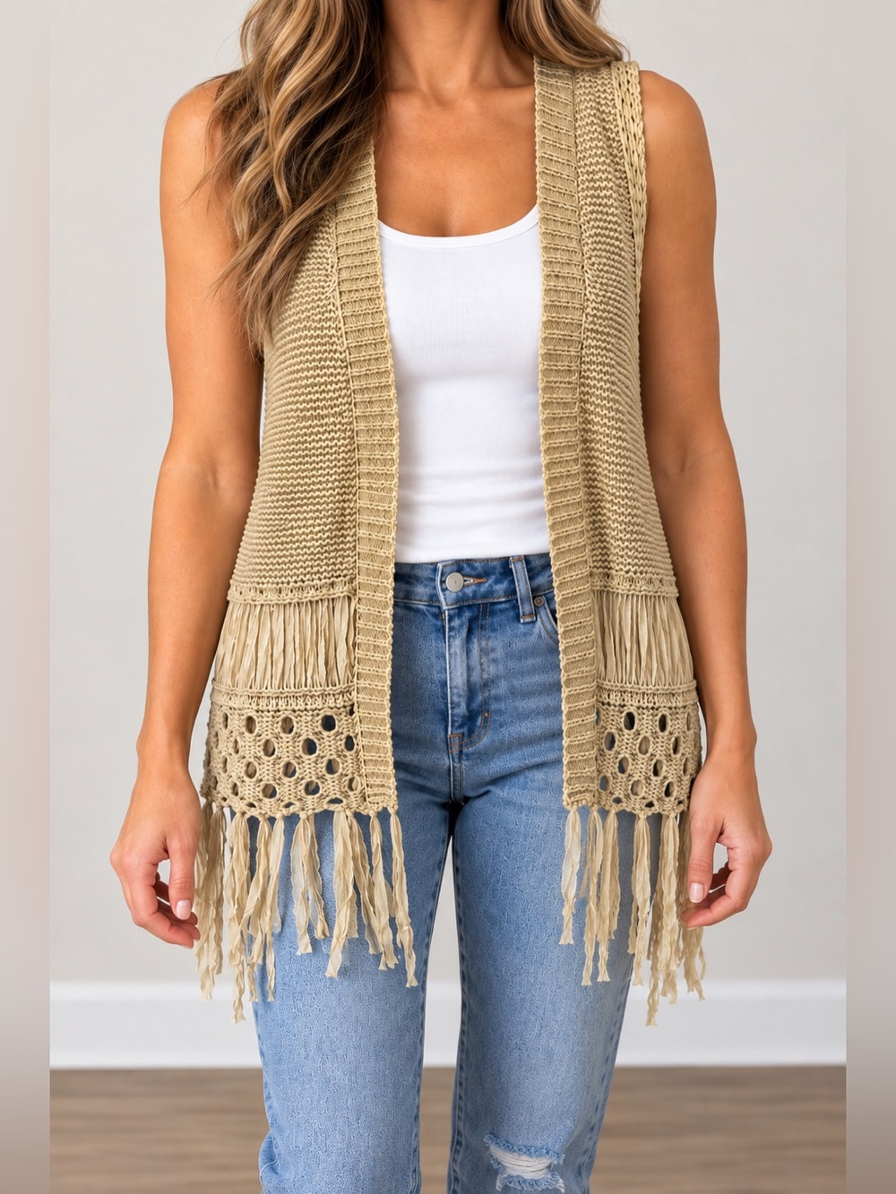 UMGEE Boho Crochet Fringe Vest Size S Tan Beige Open Front